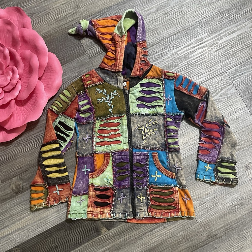 VTG LITTLE KATHMANDU Avant Garde Kids Sz 4 Zip Hoodie Patchwork Embroidered Boho - Picture 2 of 10